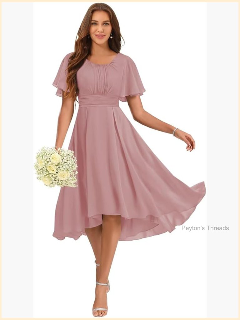 Women's Scoop Neck A-Line Chiffon Ruched Bridesmaid Dress Short Sleeves